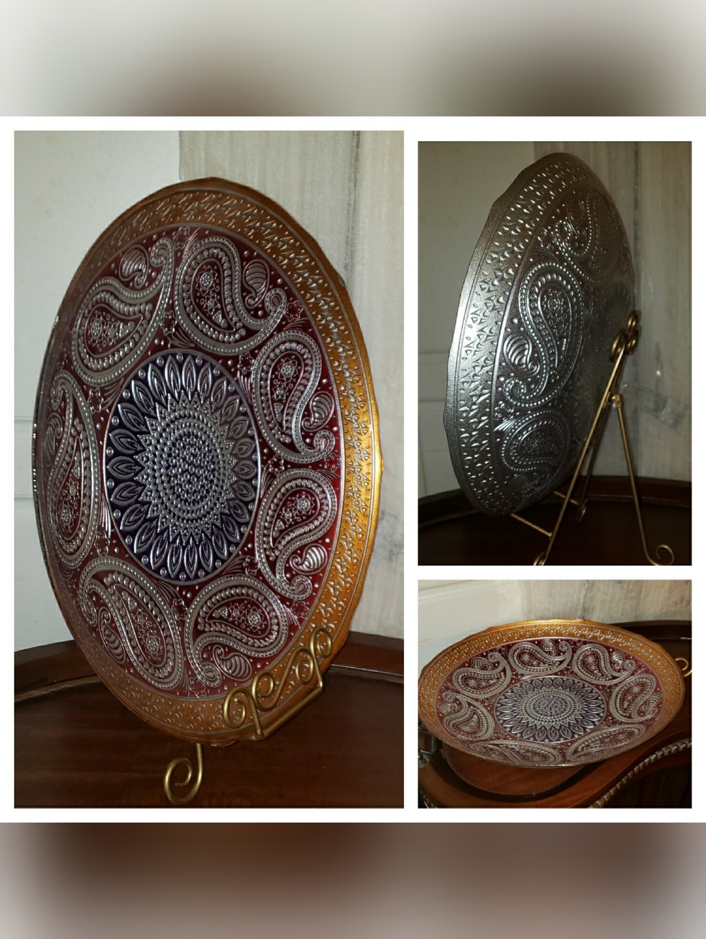 Decorative Paisley Embossed Glass Pasta Plate - Red, Purple, Gold